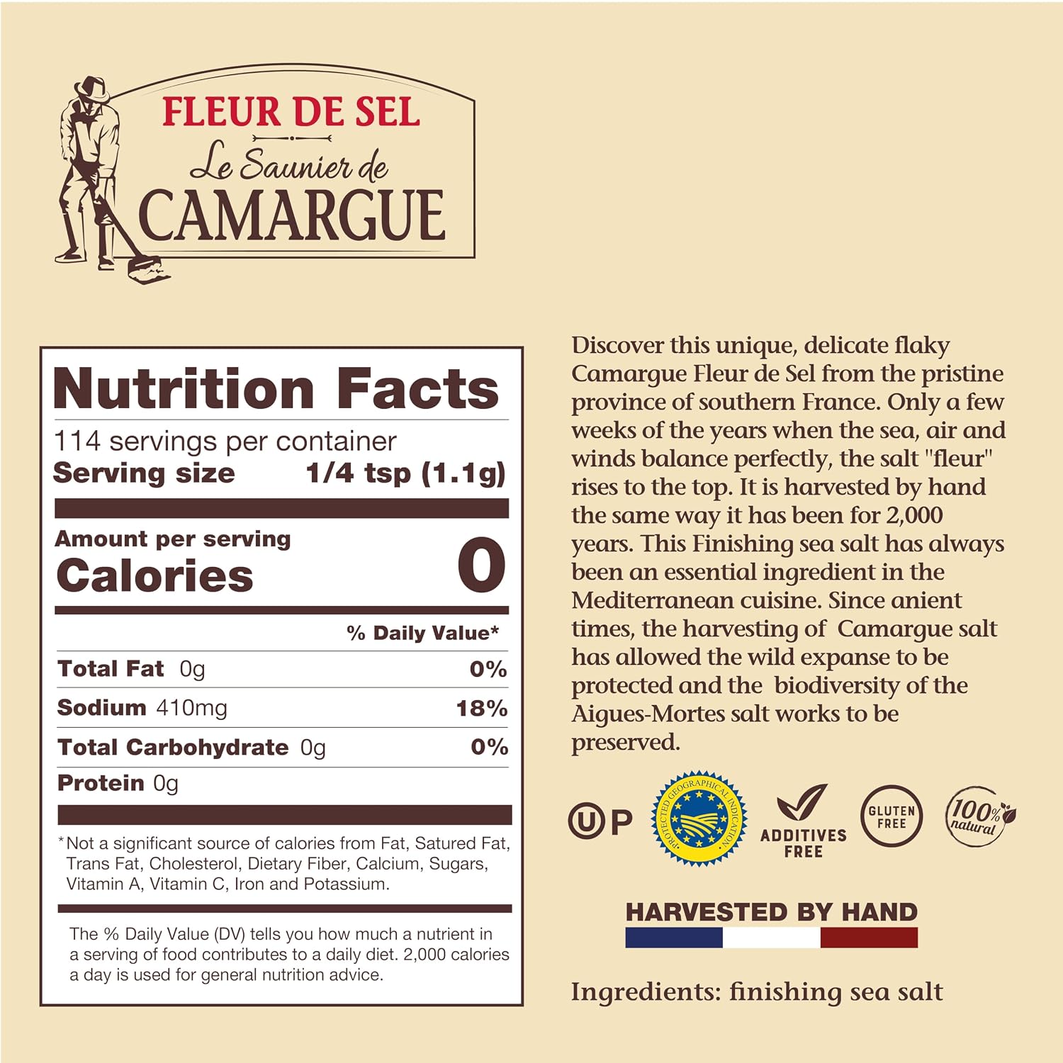 Le Saunier de Camargue Fleur de Sel – French Sea Salt Finishing Salt – Gourmet Hand-Harvested Flaky Salt in Resealable Cork-Topped Container – 125g Regular
